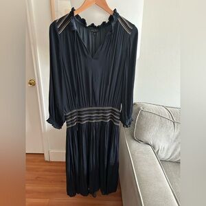 Anthropologie  Peasent Blue Smoked Holidays Embrodery Midi Dress L